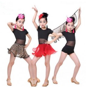 Black leotard tops leopard red chiffon hip scarf skirt girls kids children performance competition gymnastics latin salsa dance dresses set outfits